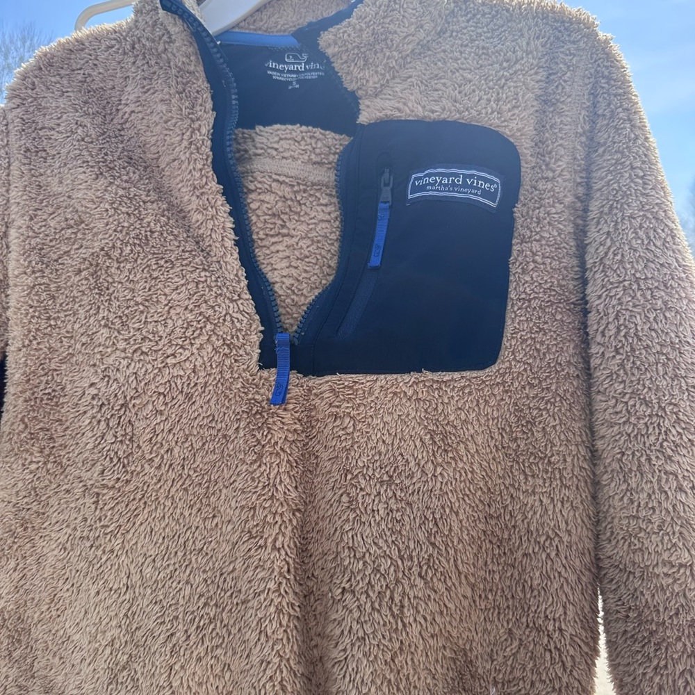 Vineyard Vines Kids Tan and Navy Sherpa Pullover